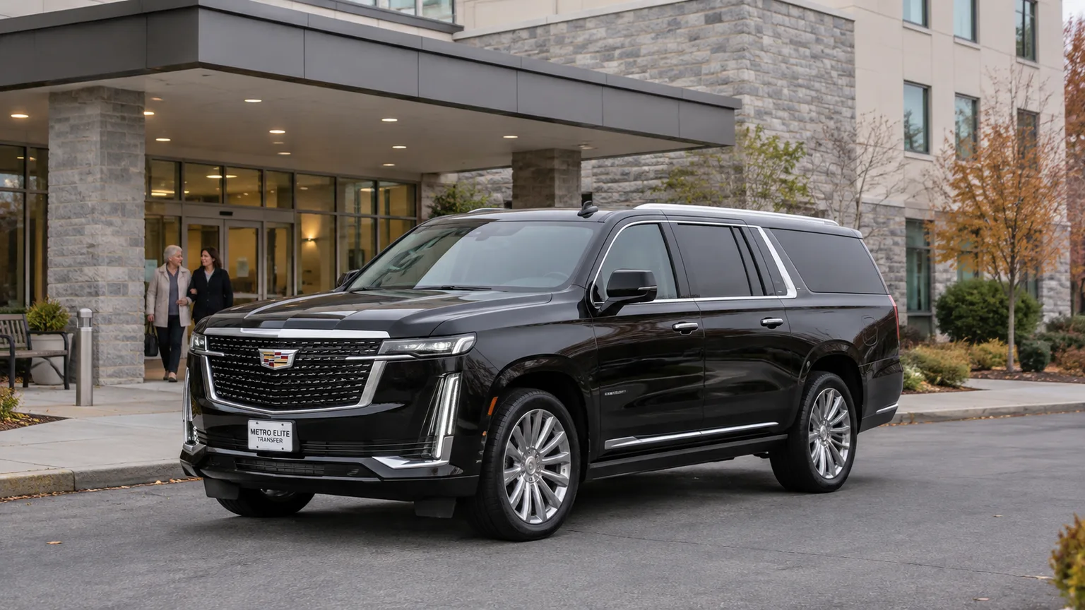 Black Cadillac Escalade ESV at a covered building entrance, with a passenger and companion on the walkway