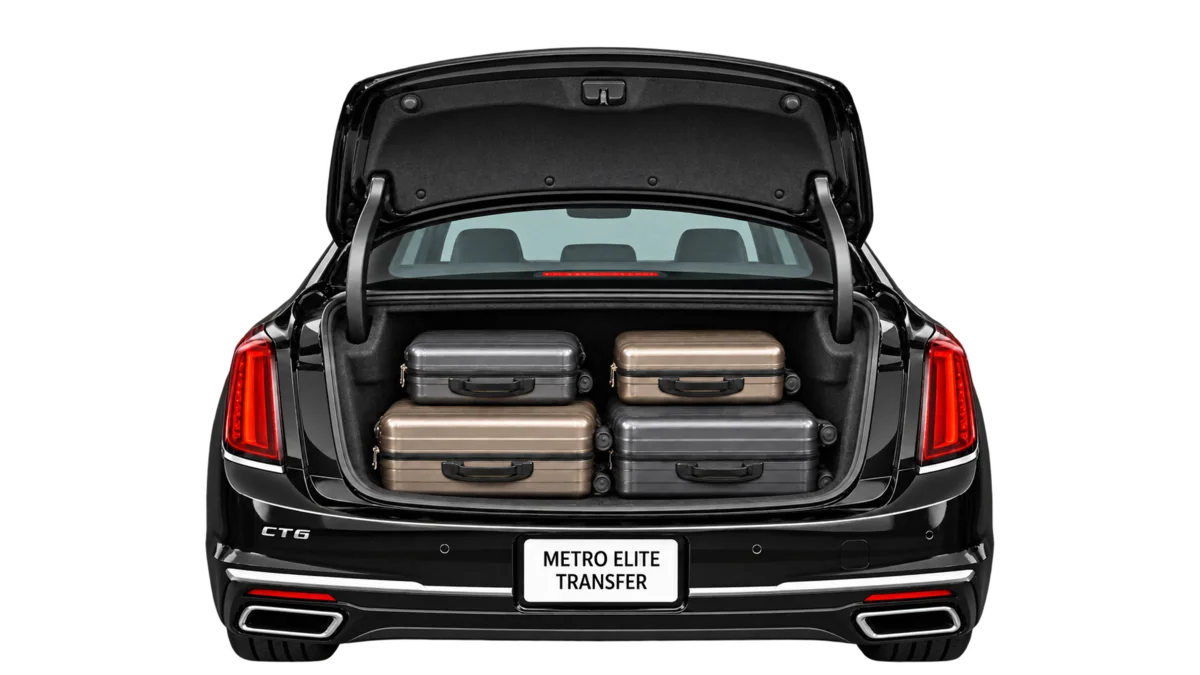 Cadillac CT6 rear trunk illustration: two large suitcases laid flat with two smaller carry-ons above them.